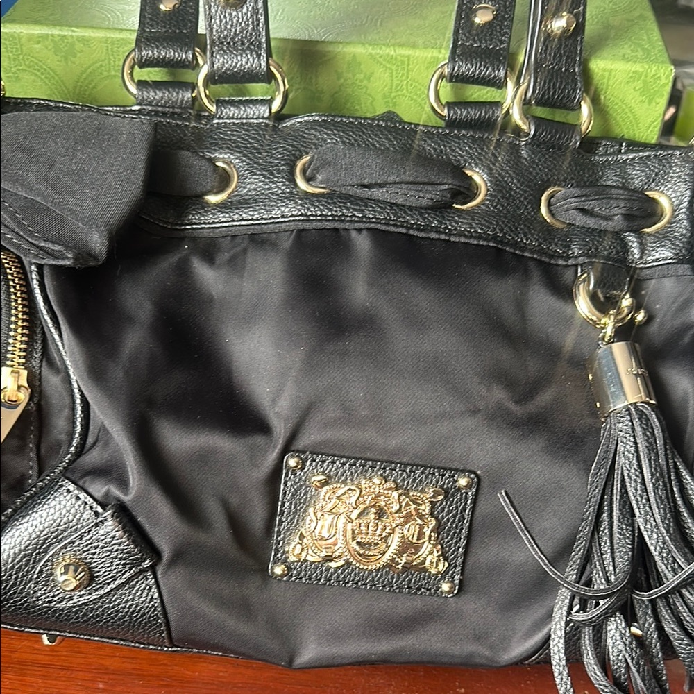 Juicy couture, Black and Gold Shoulder Bag with Tassels and Ruched Detailing